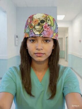 Floral Skull Print Scrub Cap - Pink Purple Multi